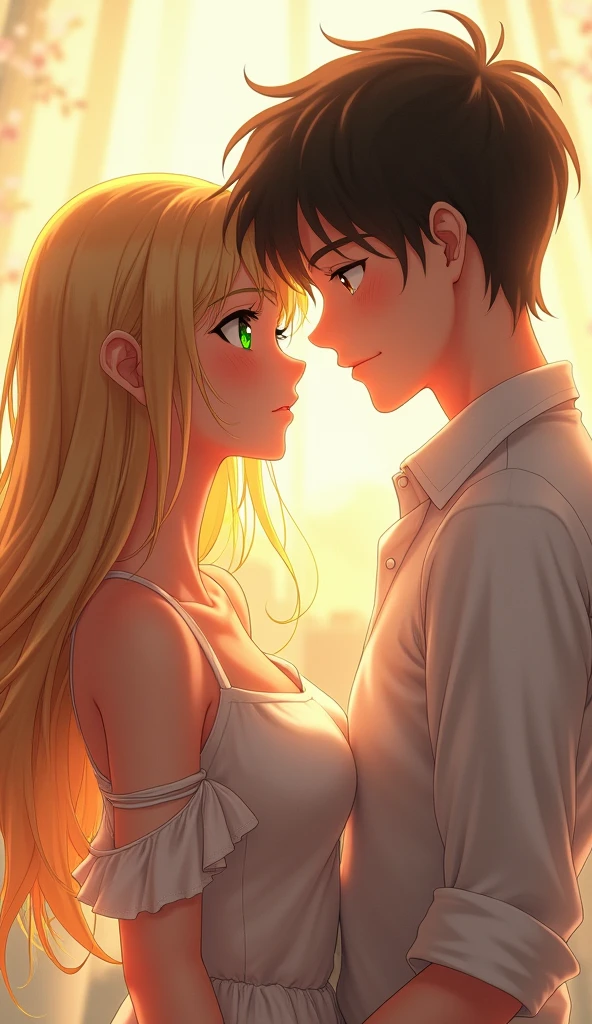 2.5D Masterpiece anime. A guy and a girl, both adults. The girl has long straight blonde hair and green eyes. The guy has short black hair and brown eyes.