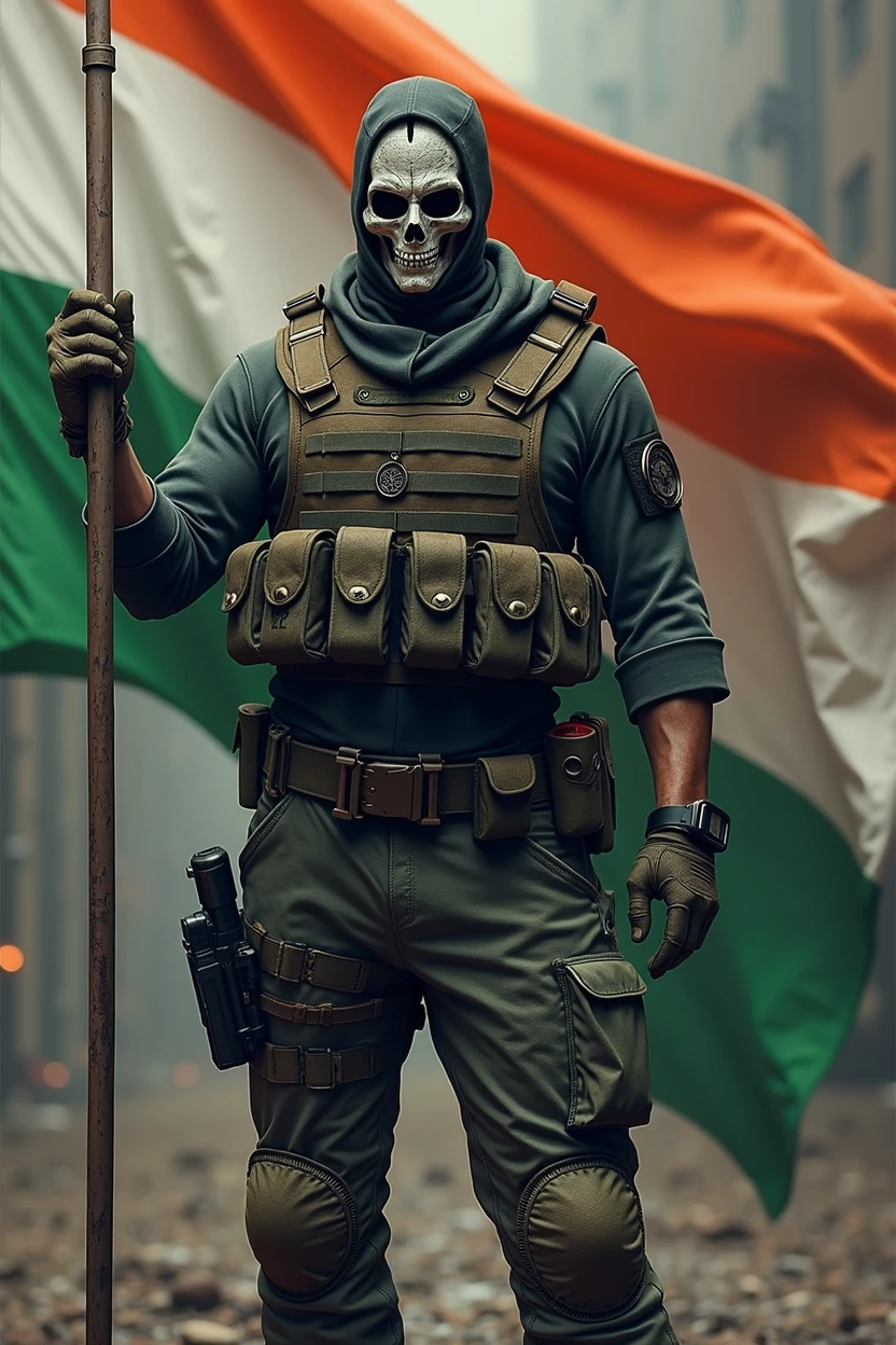 Character called SIMON GHOST RILEY from CALL OF DUTY holding an INDIAN flag