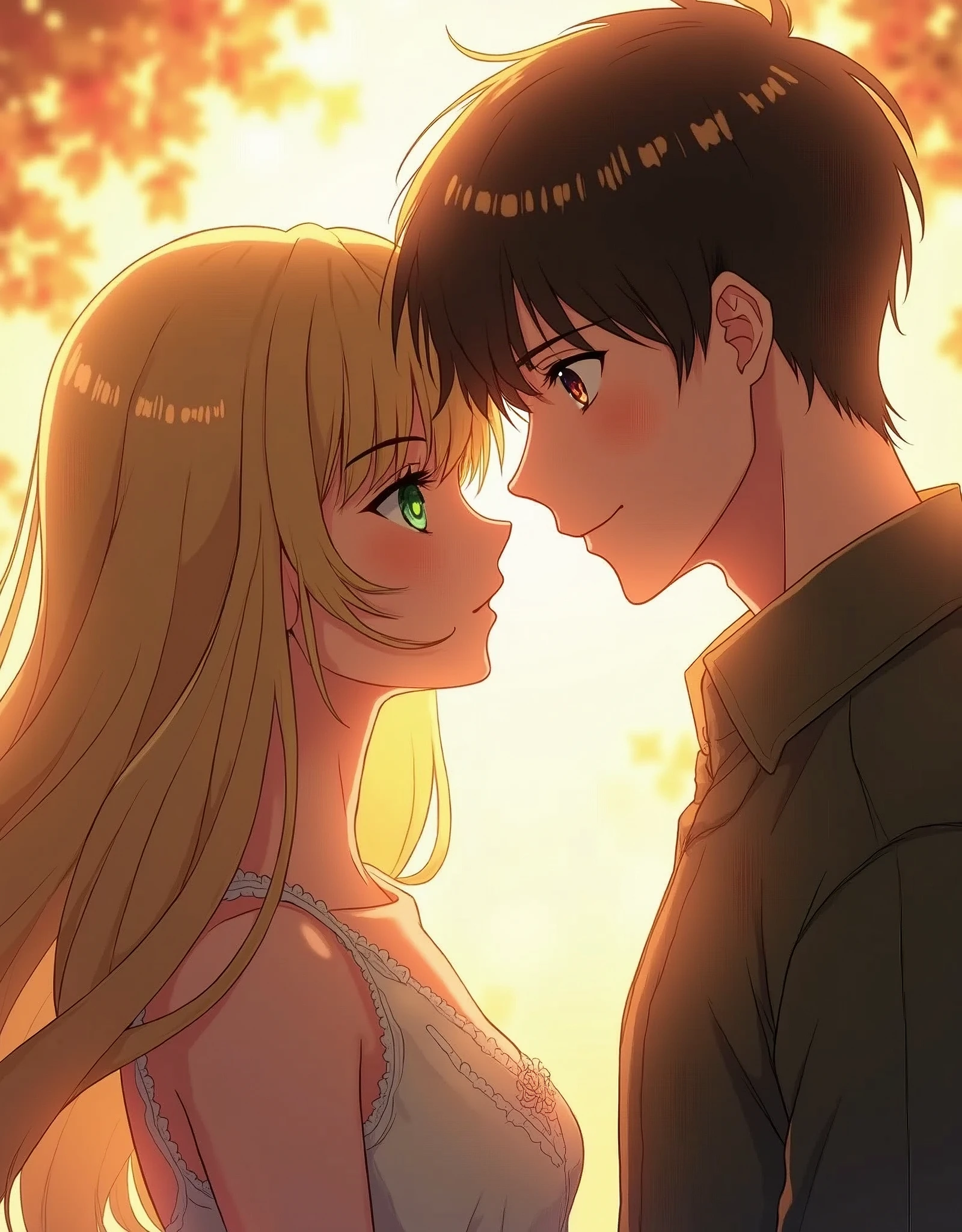 Masterpiece anime. A guy and a girl. The girl has long straight blonde hair and green eyes. The guy has short black hair and brown eyes.