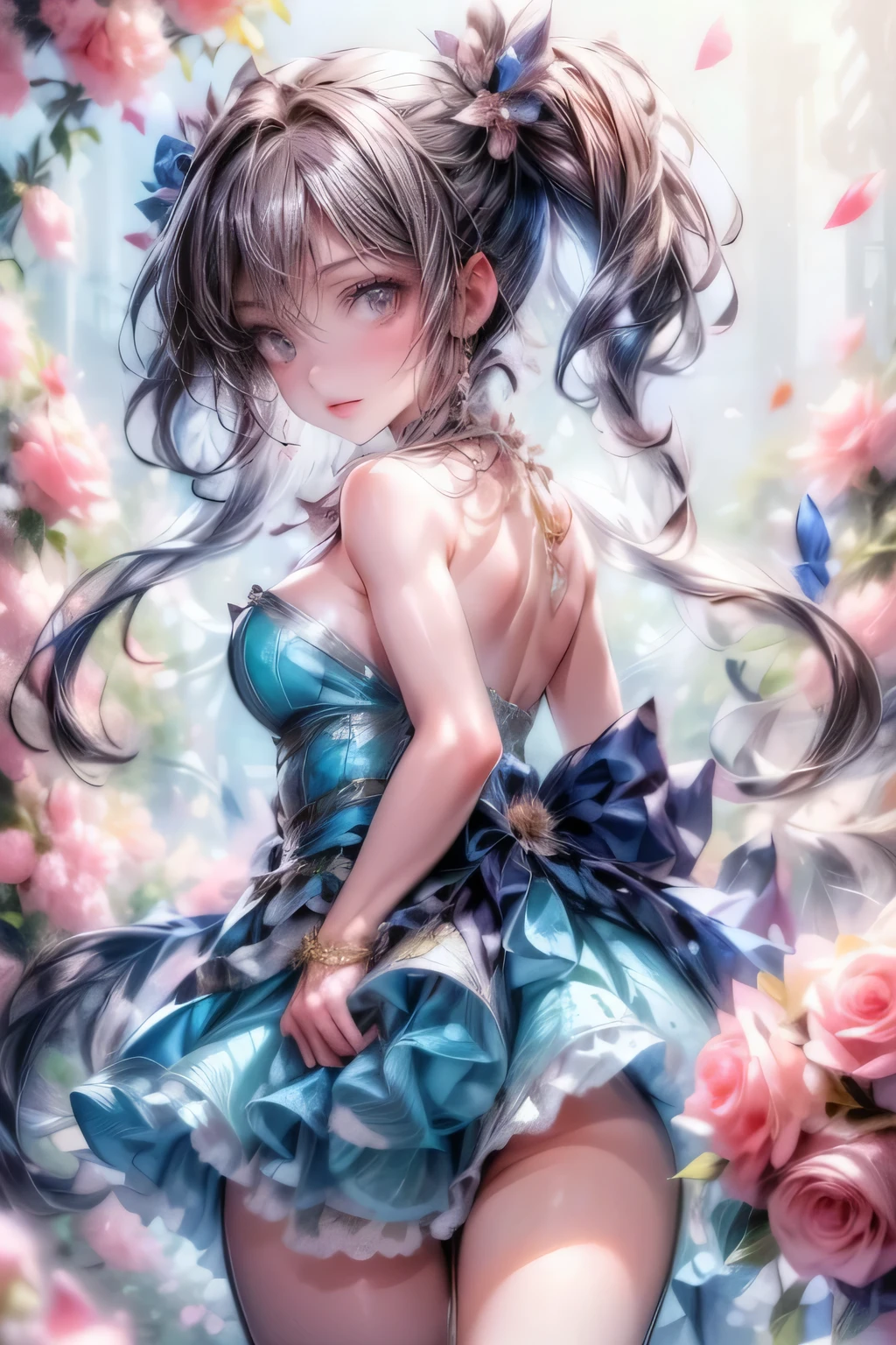 a pretty anime princess is shown in the picture with flowers in her hair, 1girl, flower, solo, pink flower, bare shoulders, cleavage, middle-breasts, twintails, looking at viewer, blue eyes, pink rose, strapless, long hair, collarbone, off shoulder, rose, hair ornament, view back 