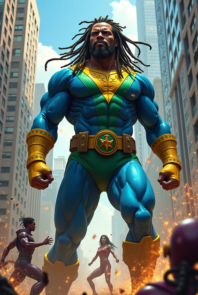 Create a drawing of a Rastafarian superhero in a blue and green suit in the Marvel style fighting