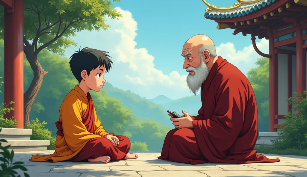 Young monk student sitting and talking with old fat wisdomfull master monk, temples, surrounded by beautiful trees, in anime style,