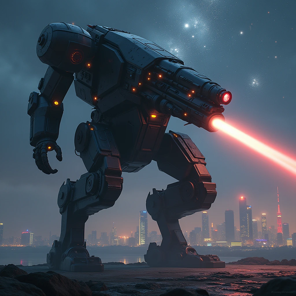 (Giant Weapon), A giant laser cannon in the high-tech era, located on the edge of a future city. This laser cannon is made of black metal, covered with complex circuits and control panels, and its muzzle points towards the distant starry sky. The lights of the city and the stars in the night sky complement each other, creating a futuristic atmosphere full of technology. Beautiful cinematic lighting, surreal, RAW photo, color graded, dynamic movement, captivating chiaroscuro, (special effects:0.1), full body, award-winning, cinematic still, emotional, vignette, dynamic, vivid, (masterpiece, best quality, photorealistic, Professional, perfect composition, very aesthetic, absurdres, ultra-detailed, intricate details:1.3)