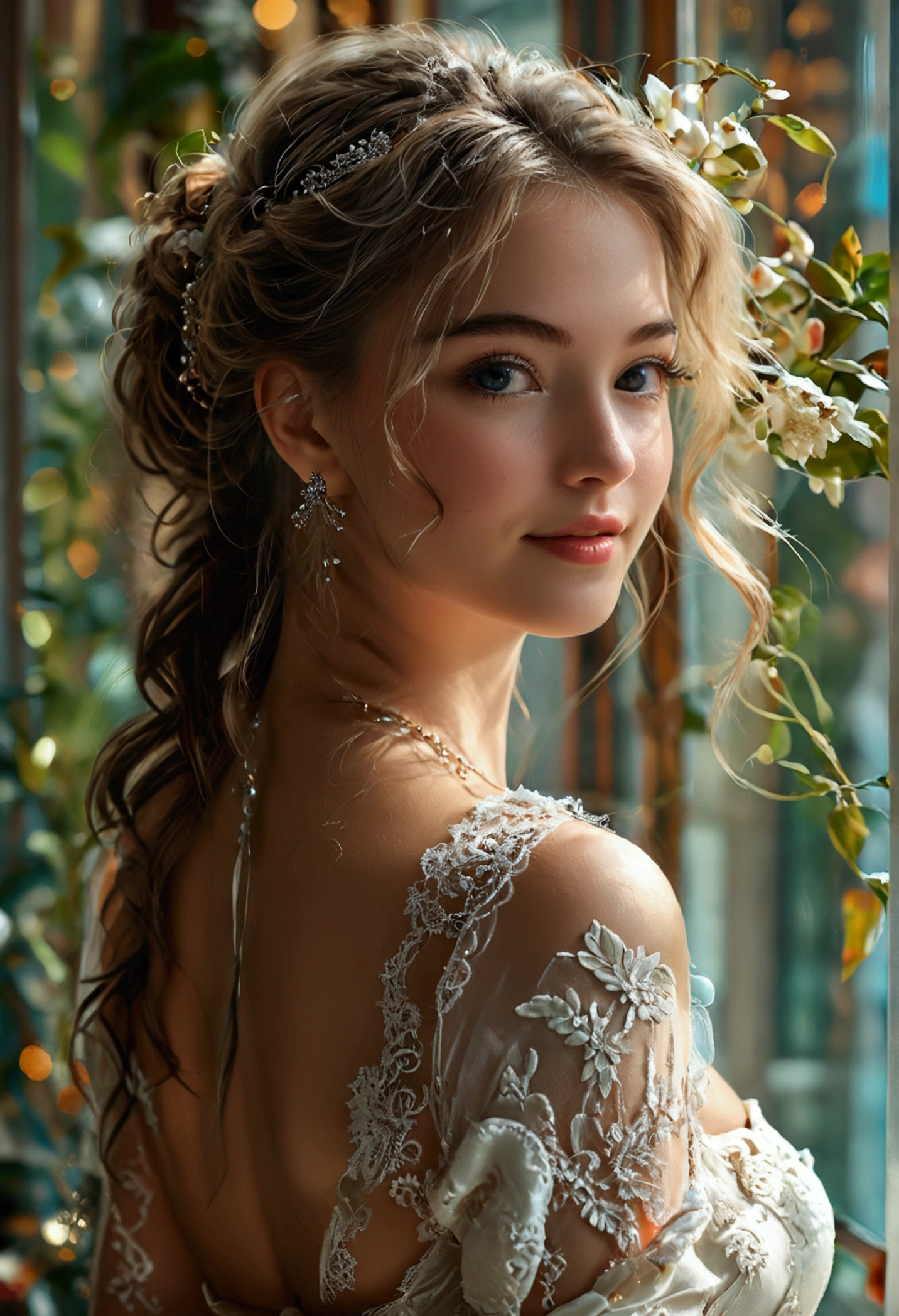 (Professional lighting, 8k, raw photo, photorealistic:1.8, ultra detailed, detailed skin, detailed face, cinematic, detailed background:1.1), (full body shot), BREAK, ( stunningly gorgeous perfect girls standing and looking back:1.4, stunningly beautiful gorgeous perfect face,
 back shot:1.2, topless:1.5, ashamed:1.35, smiling, wearing backless dress:1.4, see through:1.7, lace, garter belt :1.1, beautiful ass, jewelry, accessories, hands on window:1.3), (extremely beautiful face, cute face, MB, chuckle:0.3, detailed eyes, detailed face, models:1.3, beauty), (long hair, updo), BREAK, (inside Luxury hotel room:1.5, indoor :1.5, window, night view:1.5, landscape, skyscrapers:1.5, beautiful lights)