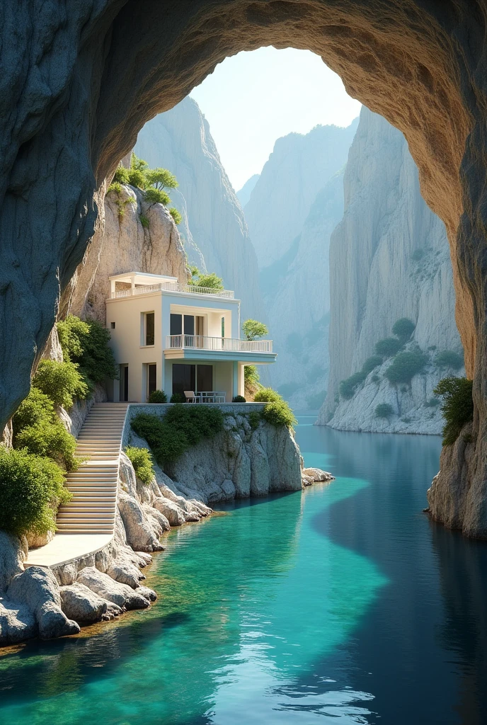 The image shows a beautiful cave-like structure with a white house inside. The cave is located on a rocky cliff overlooking a body of water, which is a beautiful turquoise color. The house is built on top of the cliff, with a balcony and a balcony railing on the second floor. The balcony is surrounded by greenery and there are stairs leading up to the entrance of the cave. The water is calm and clear, reflecting the sky and the surrounding landscape. The overall atmosphere of the image is peaceful and serene.4k realistic