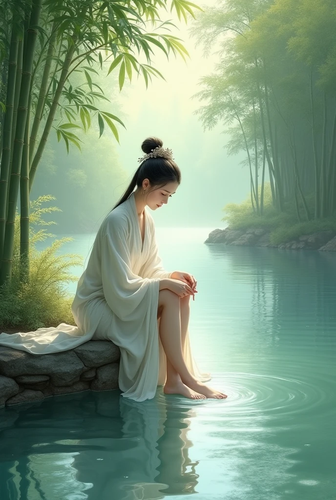 A beautiful woman from ancient China is washing her feet by the river.