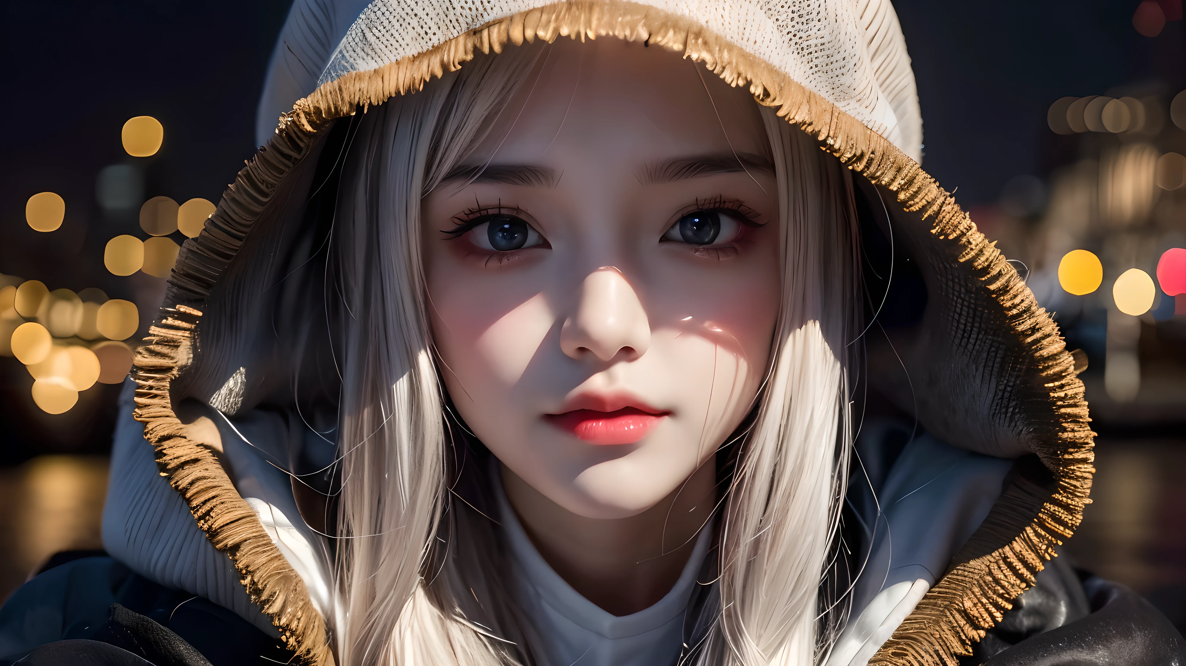 imedium shot, medium shot, depth of field, bust, upper body, cinematic angle, masterpiece, Best quality, super detailed, computer graphics, 8k wallpaper, Beautiful face, tender eyes, countries, One, white long hair, yellow eyes, hairpin, White shirt, black jacket with a hood, black baseball cap, black stockings, black boots above the knee, sunset, medieval port, harbour, Detailed water surface, Reflection of the Sun, masterpiece, detailing, full height, detailing, Maximum Drawing