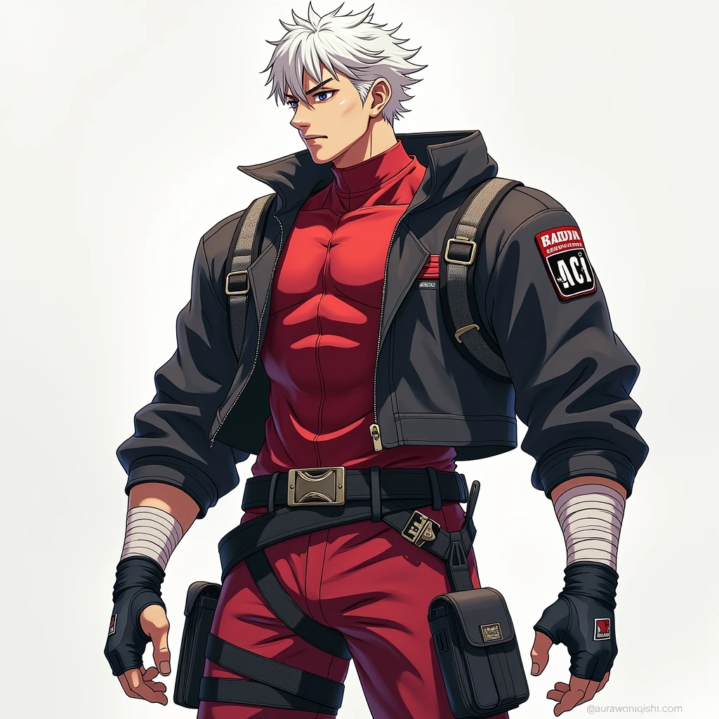 a dynamic illustration of Munashi Kurotani, a young yet physically imposing 15-year-old character standing at 203 cm with a muscular build. He has pure white hair and eyes. Munashi is dressed in a tight-fitting, deep red shirt made from special mesh fabric with a high collar and no sleeves, paired with matching red, slightly loose combat pants. He wears dark-colored ninja sandals. Over his shirt, he dons a rugged combat jacket. His right arm features a bandaged hands, while both legs have hip-pouches with additional bandages wrapped around them. Capture him in a reflective or intense training pose, emphasizing his immense physical strength. The overall mood should convey his formidable presence.