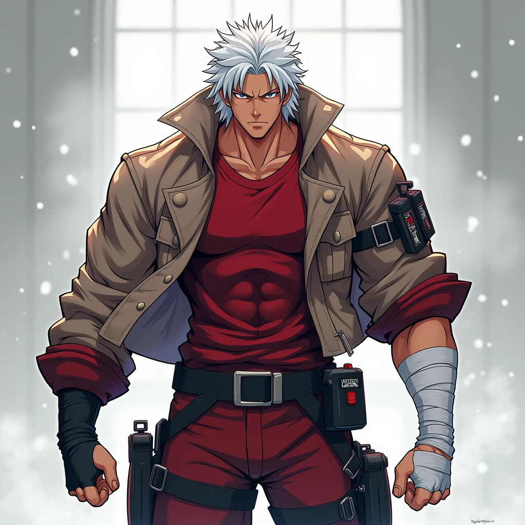 a dynamic illustration of Munashi Kurotani, a young yet physically imposing 15-year-old character standing at 203 cm with a muscular build. He has pure white hair and eyes. Munashi is dressed in a tight-fitting, deep red shirt made from special mesh fabric with a high collar and no sleeves, paired with matching red, slightly loose combat pants. He wears dark-colored ninja sandals. Over his shirt, he dons a rugged combat jacket. His right arm features a bandaged hands, while both legs have hip-pouches with additional bandages wrapped around them. Capture him in a reflective or intense training pose, emphasizing his immense physical strength. The overall mood should convey his formidable presence.