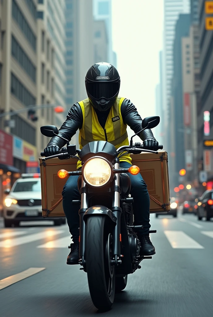 Um moto boy, making delivery with the goods tied to the motorcycle