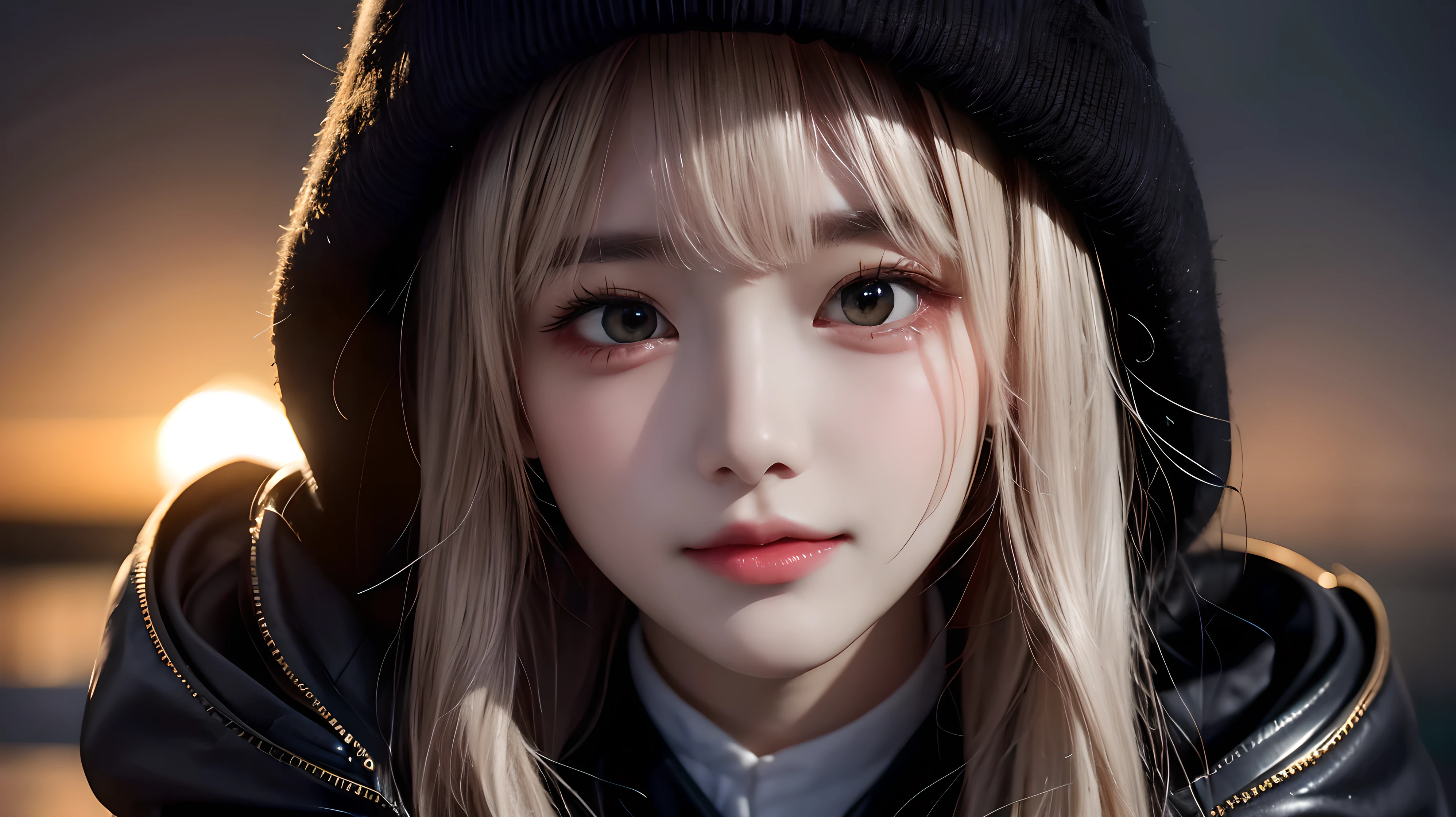 imedium shot, medium shot, depth of field, bust, upper body, cinematic angle, masterpiece, Best quality, super detailed, computer graphics, 8k wallpaper, Beautiful face, tender eyes, countries, One, white long hair, yellow eyes, hairpin, White shirt, black jacket with a hood, black baseball cap, black stockings, black boots above the knee, sunset, medieval port, harbour, Detailed water surface, Reflection of the Sun, masterpiece, detailing, full height, detailing, Maximum Drawing