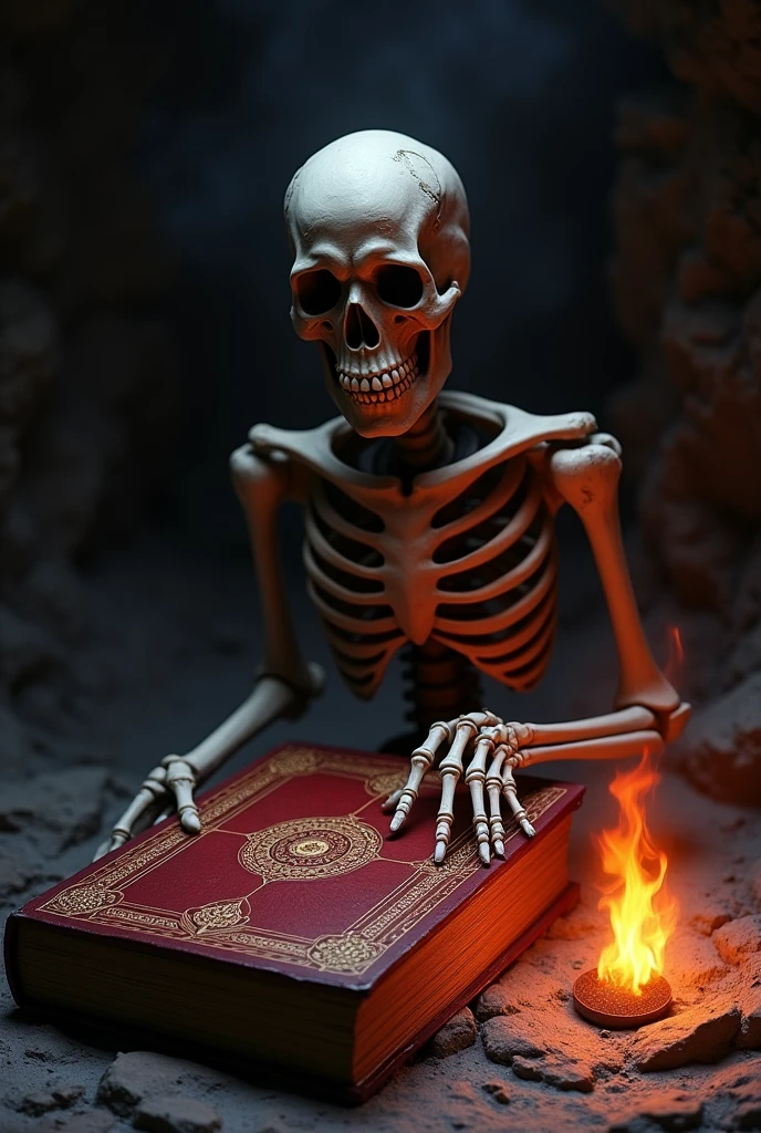A red colour book placed near the skeleton and fire. A book cover name Ravana samhita