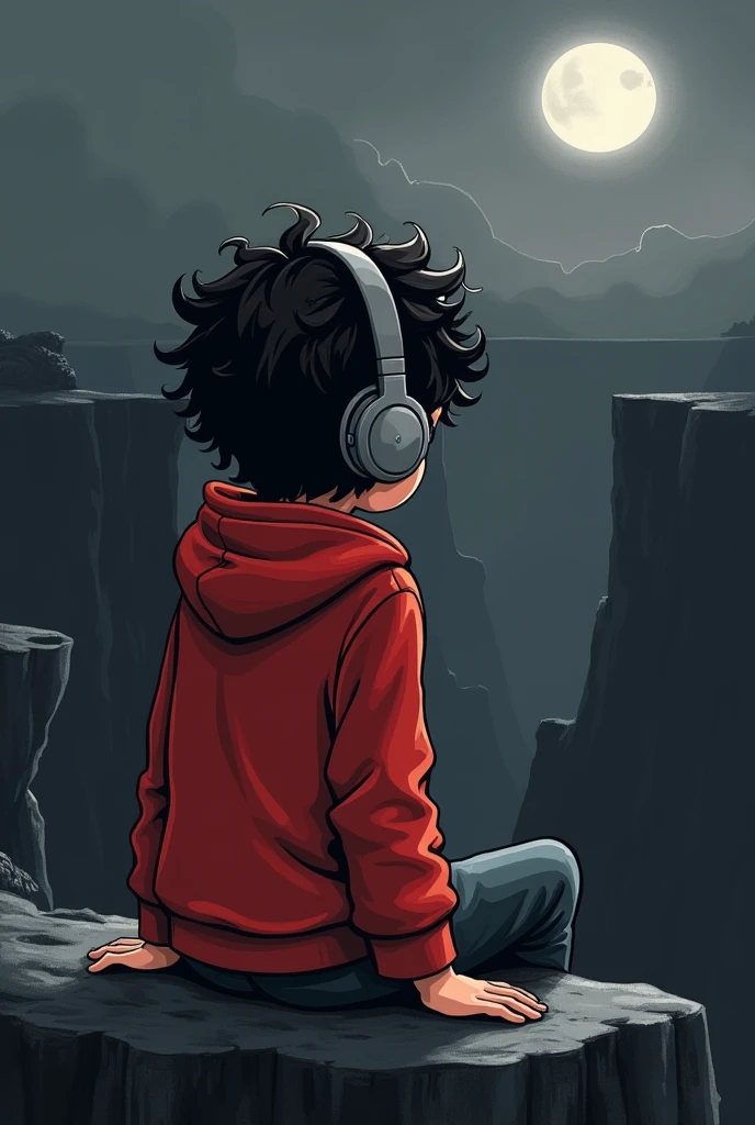Animated boy sitting on a cliff wearing headphones in a cartoonistic manner 
Not showing his face showing his back 
Should look like it is drawn with crayons in a red hoodie and curly hair in a black and white and dark theme