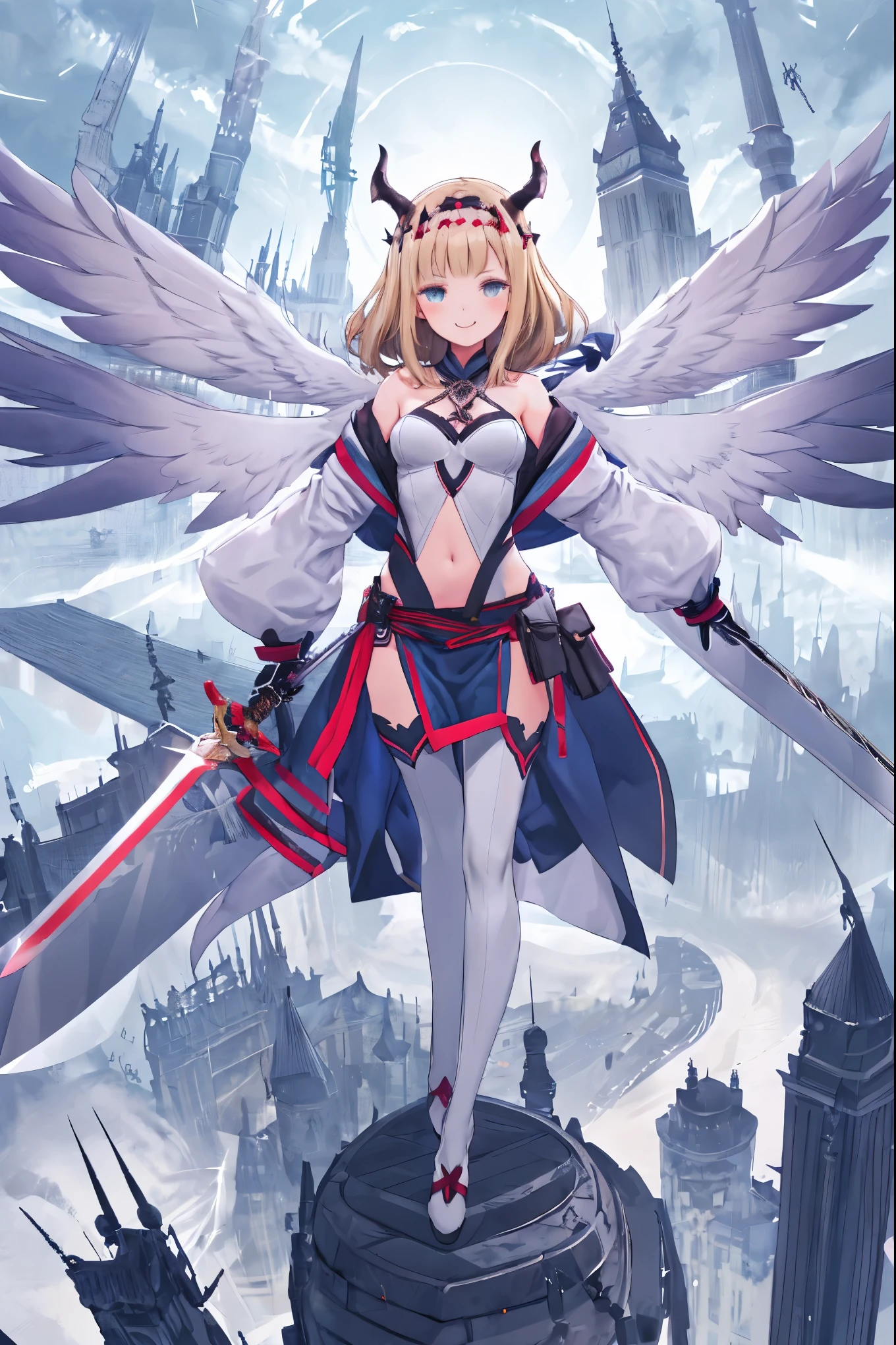 fantasy, 1devil_girl, low_teen, platina_blond_hair,long_bangs,, bare_shoulder, navel out, thighhighs,silver_armor, white_clothes,waist_armor, Glebe, hold_swords, medium_breasts, dynamic_flying_pose,Floating, (1pair_wings:1.2),(pelvic_curtain:1.3), silver_Headgear ,looking_down_at_sunrise_city_sky_background,,slightly_spread_legs, some_swords,some_swords_floating_around_the_girl,solo,horn ,smile,,open_legs,open_arms,rise_knee,rise_leg,rise_thigh,rise_leg,forward_leaning_posture,apart_legs,