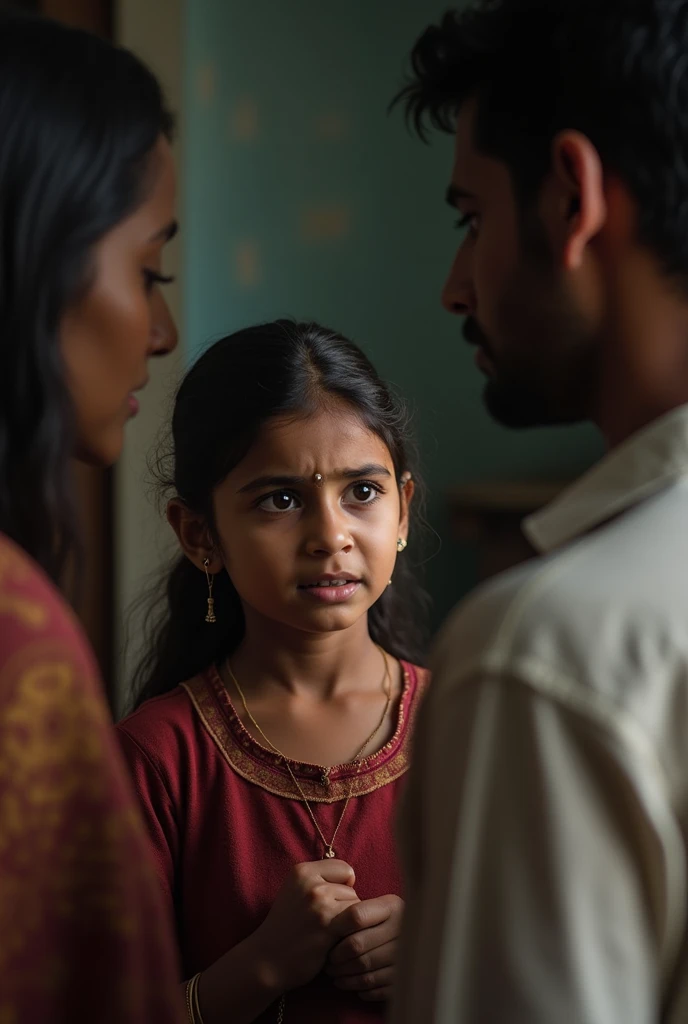 Make a photo in which a 5  Indian girl is crying and trying to get her parents to agree to her request and it should be a serious scene.