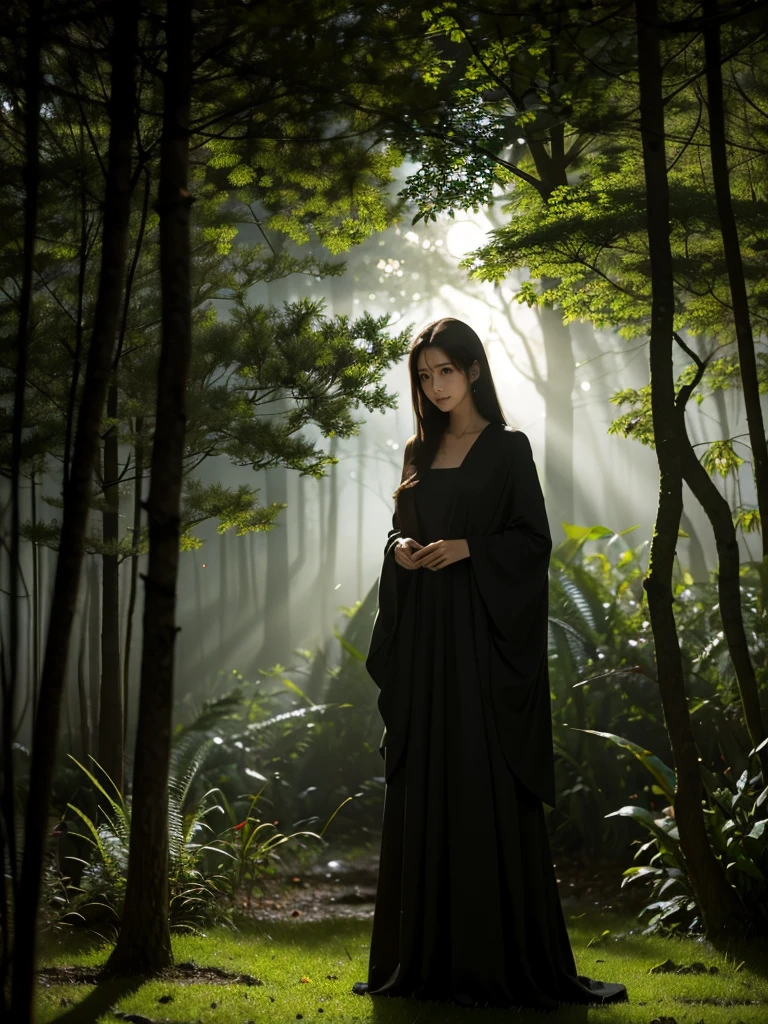 A serene night scene in a dense forest, with a beautiful witch standing in the middle. The witch wears a simple, elegant dark robe with long sleeves, blending harmoniously with the natural surroundings. Her expression is calm and thoughtful, exuding quiet power and wisdom. The forest is illuminated by soft, ethereal moonlight filtering through tall, slender trees, casting gentle shadows on the moss-covered ground. The atmosphere is peaceful and subdued, with a focus on the quiet beauty of the night. The scene should feel mystical and tranquil, with the witch seamlessly integrated into the starlit environment."

Additional Parameters:

Style: Realistic, moody lighting
Lighting: Soft moonlight, subtle shadows
Colors: Dark tones, natural shades
Composition: The witch should be centered, with tall trees in the background and soft light highlighting her figure
Environment: Dense forest at night, mossy ground, serene atmosphere