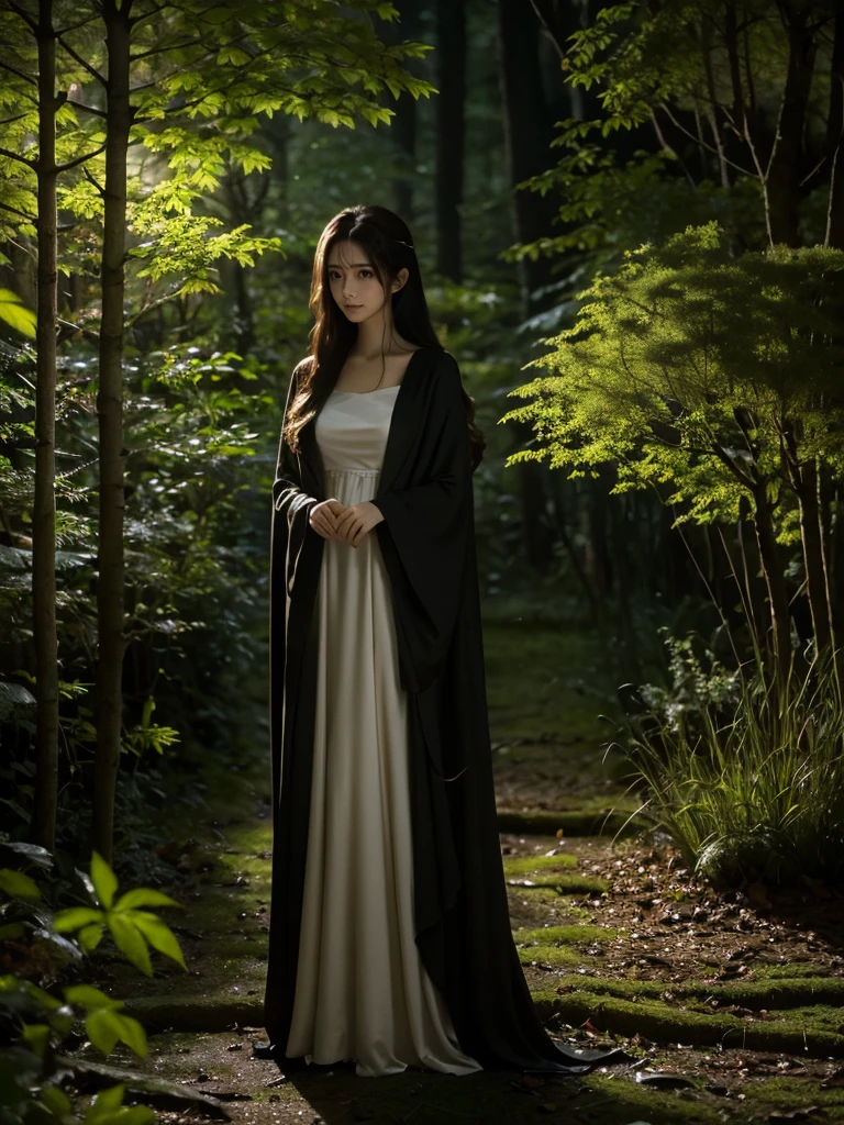 A serene night scene in a dense forest, with a beautiful witch standing in the middle. The witch wears a simple, elegant dark robe with long sleeves, blending harmoniously with the natural surroundings. Her expression is calm and thoughtful, exuding quiet power and wisdom. The forest is illuminated by soft, ethereal moonlight filtering through tall, slender trees, casting gentle shadows on the moss-covered ground. The atmosphere is peaceful and subdued, with a focus on the quiet beauty of the night. The scene should feel mystical and tranquil, with the witch seamlessly integrated into the starlit environment."

Additional Parameters:

Style: Realistic, moody lighting
Lighting: Soft moonlight, subtle shadows
Colors: Dark tones, natural shades
Composition: The witch should be centered, with tall trees in the background and soft light highlighting her figure
Environment: Dense forest at night, mossy ground, serene atmosphere