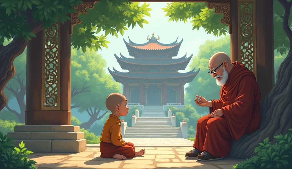 Young monk student sitting and talking with old fat wisdomfull master monk, temples, surrounded by beautiful trees, in anime style, 