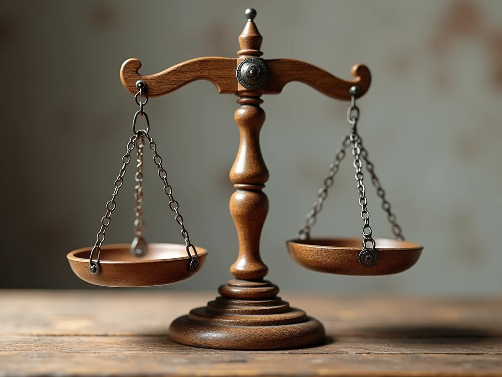 Create an old scale made of solid wood. The scale is a symbol for Brazilian Law. Create a simple background for this scale. I want the best possible quality. The scale is the representation of justice