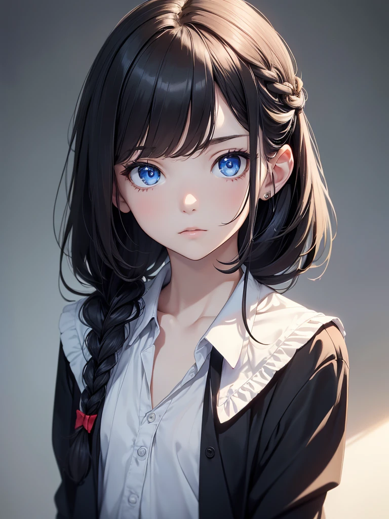 (8K, Best Quality, Masterpiece, Ultra High Resolution) Single Person, 1 Girl, , Young, Cute Eyes, Face Details, Pale Skin, Slender, Short, Flat Chest, Dark Black Hair, Long Hair, Braided Hair, Blue Eyes, School Outfit, Best Quality, Upper Body, Looking at the Viewer, Facing Viewer, Close Up