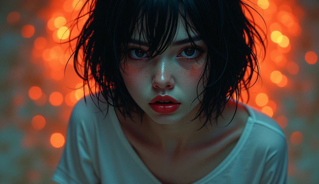 ultra-detailed, realistic, wallpaper, disheveled, hard breath, bob cut, sexual tension, foggy look,  sexy despair, sweat, desperation loosing control, soaked t-shirt, void, abstract, orange blue, freckless, red lips,