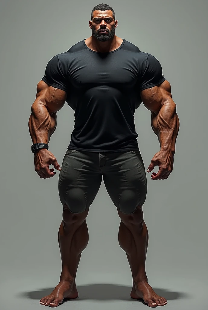 A character with four muscular arms, muscular legs, and well-defined abs is athletic. He is wearing a black t-shirt and has a handsome face.