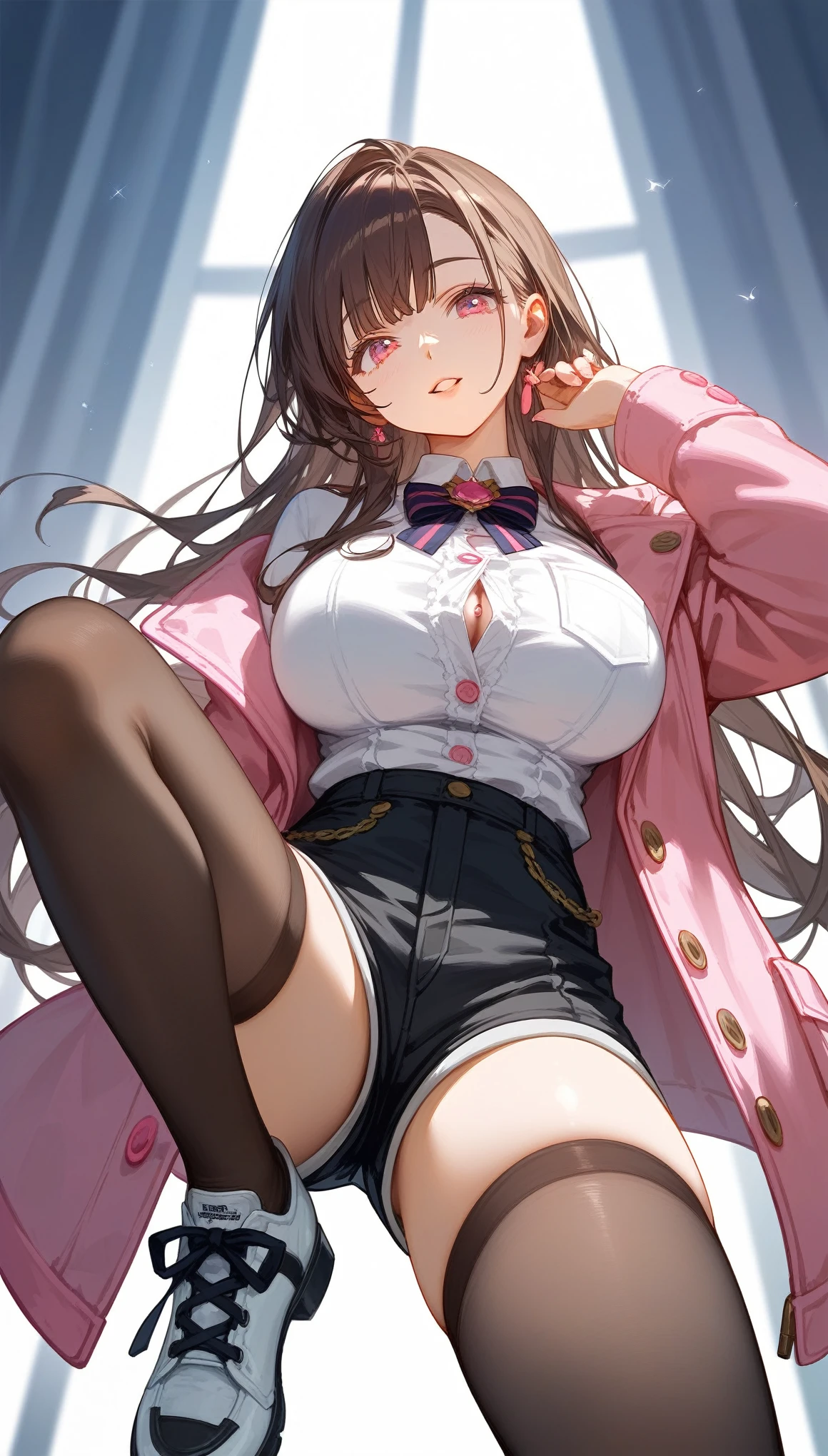 masterpiece, Score_9, Score_8_up, Score_7_up, front view, 1 woman, alone, brown hair, long hair, pink eyes, beautiful eyes, detailed eyes, parted lips, happy expression, smooth skin, big breasts, cool pink jacket with buttons open showing white underwear, black shorts, right leg black stockings, left leg wearing thick black laces, best quality, white shoes.