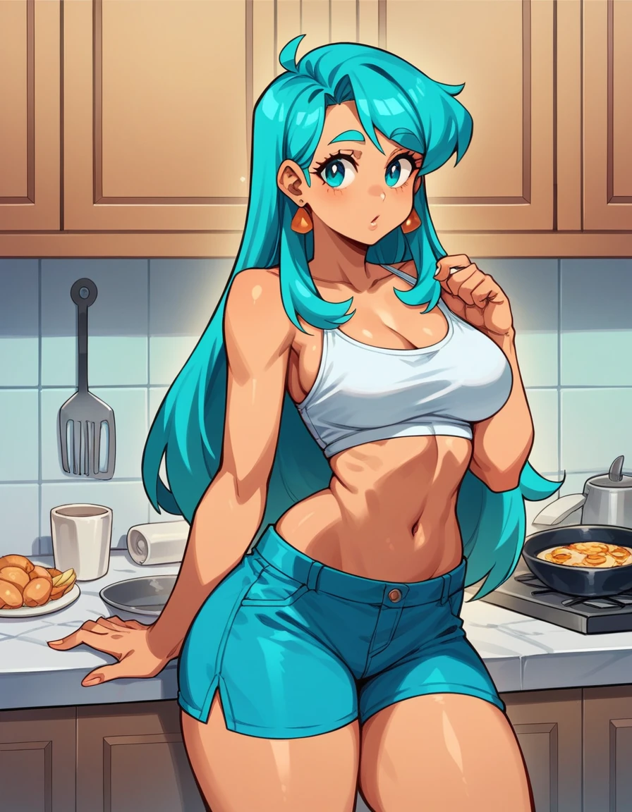 arafed woman in a white top and blue shorts posing in a kitchen, blonde goddess, beautiful girl, perfect body, perfect shape, a gorgeous cyan hair girl, sexy girl with long cyan color hair, beautiful cyan hair woman, in the kitchen, great body, sexy girl, perfect body and face, sexy woman, cyan colored swedish woman