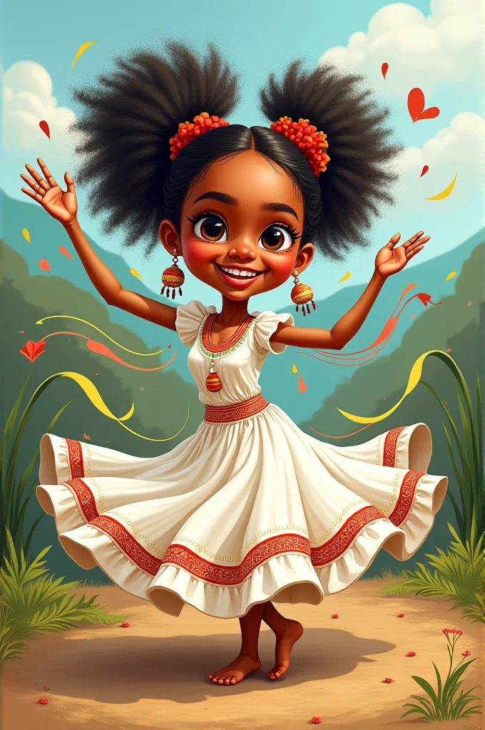 Caricature of a Yungas girl from Bolivia dancing Afro-Bolivian saya dressed in white