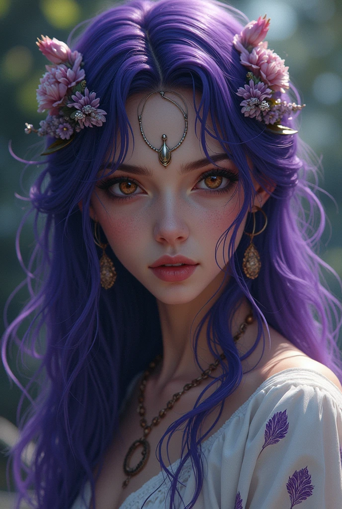 Hindu woman, daughter of God Shiva , medium complexion , white tea, Brown eyes , purple and violet hair , in the style of Junji Ito