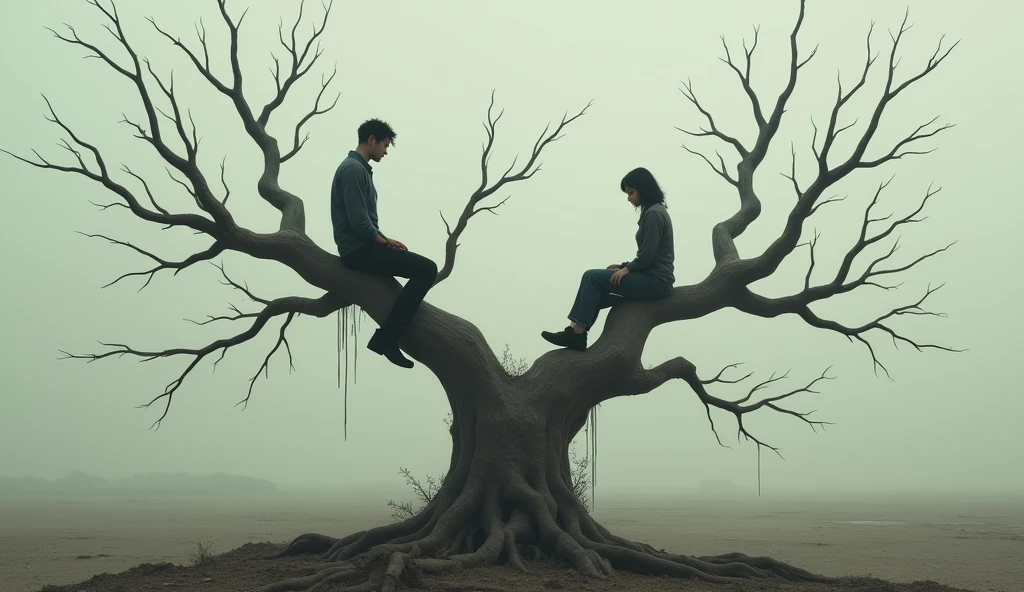 Two individuals on different branches of a large, sparse tree in a post-apocalyptic world