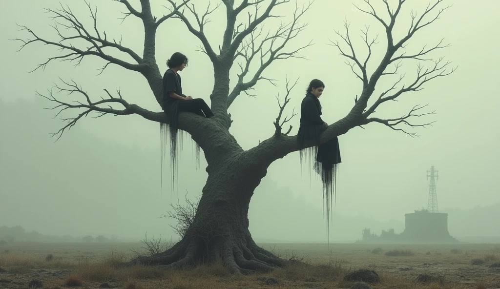 Two individuals on different branches of a large, sparse tree in a post-apocalyptic world