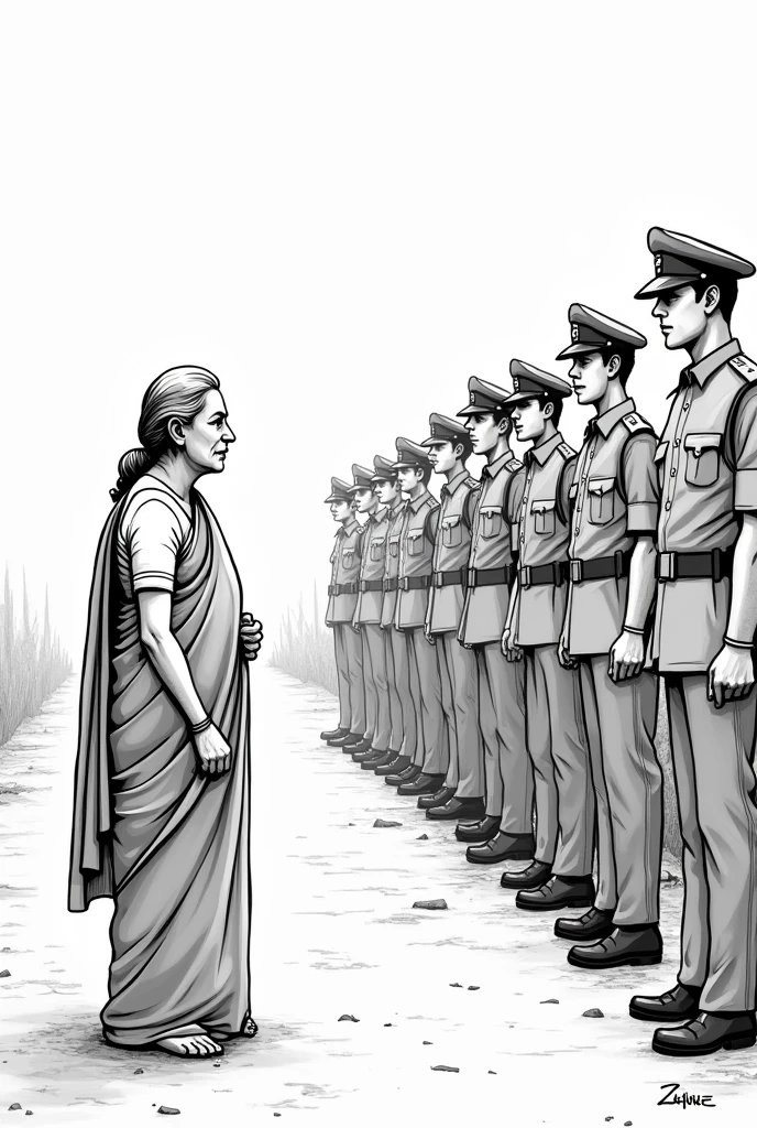 An old political woman , wearing a saree, standing in the left, with disappointment on her face, being told no by 10 army in uniform. Easy drawing outline.