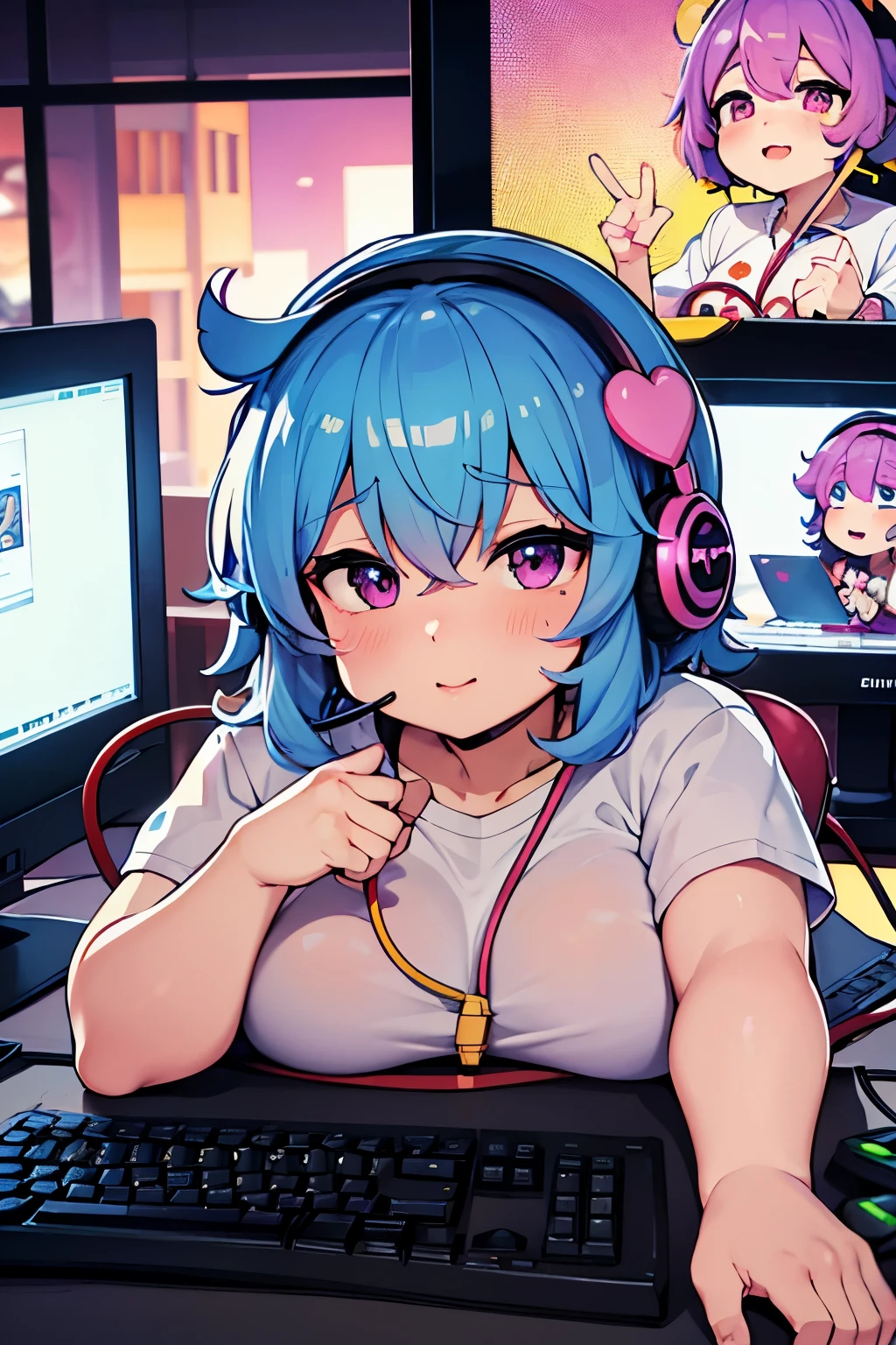 a fat satori character with chubby body and double chin, computer desk, vibrant and detailed gaming setup, colorful keyboard and mouse, large monitor display, gaming headset, gaming chair, messy desk with snacks and drinks,  joyful, expressive eyes, chubby cheeks,plump lips, cute, soft and warm lighting