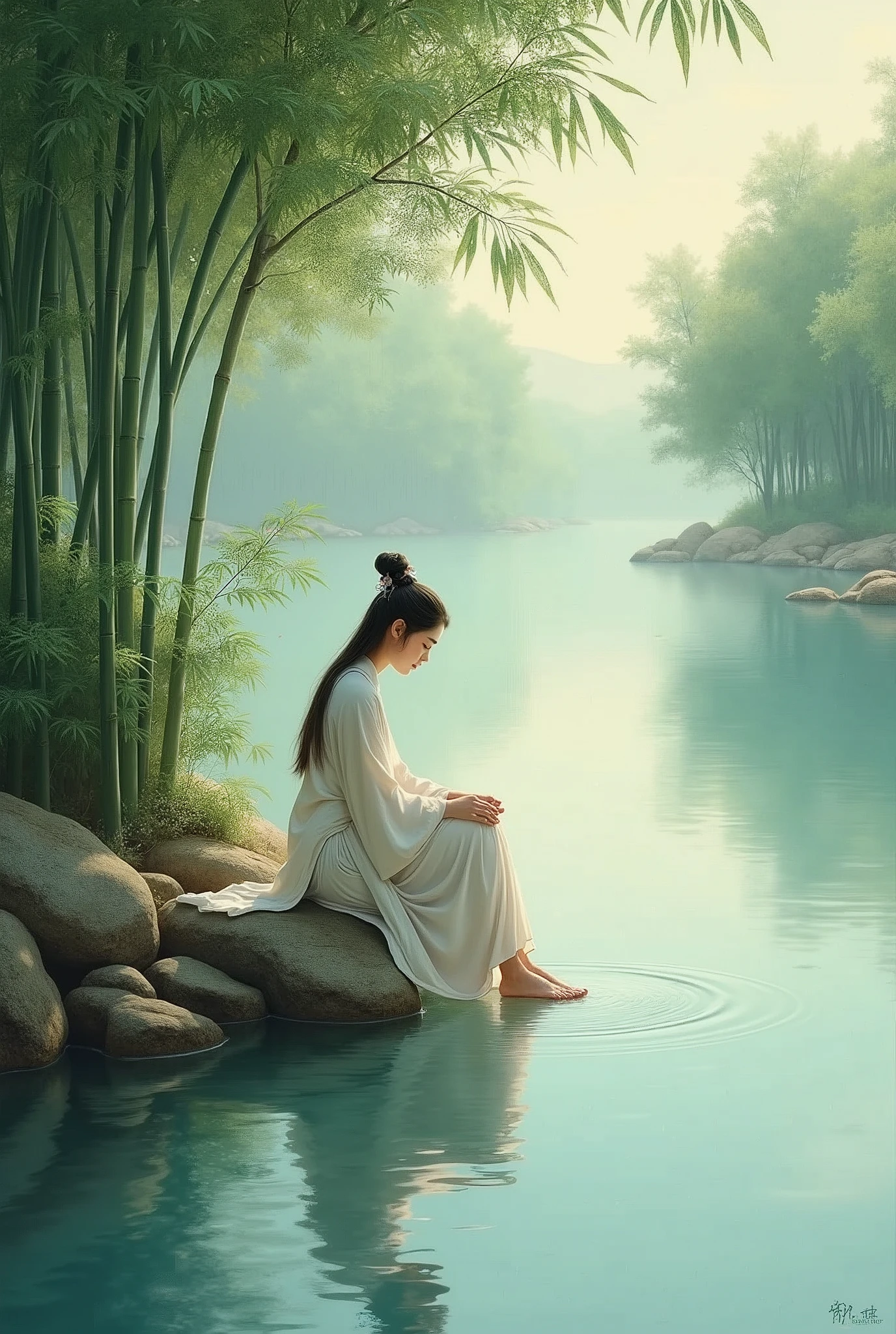 A beautiful woman from ancient China is washing her feet by the river.