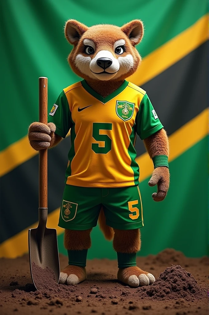 I wanted the image of the Tanzanian flag with the mascot of the Tanzanian national team symbolizing a war against the dirt described on the mascot's shirt, the number 5/With him holding a shovel and a broom in each hand
