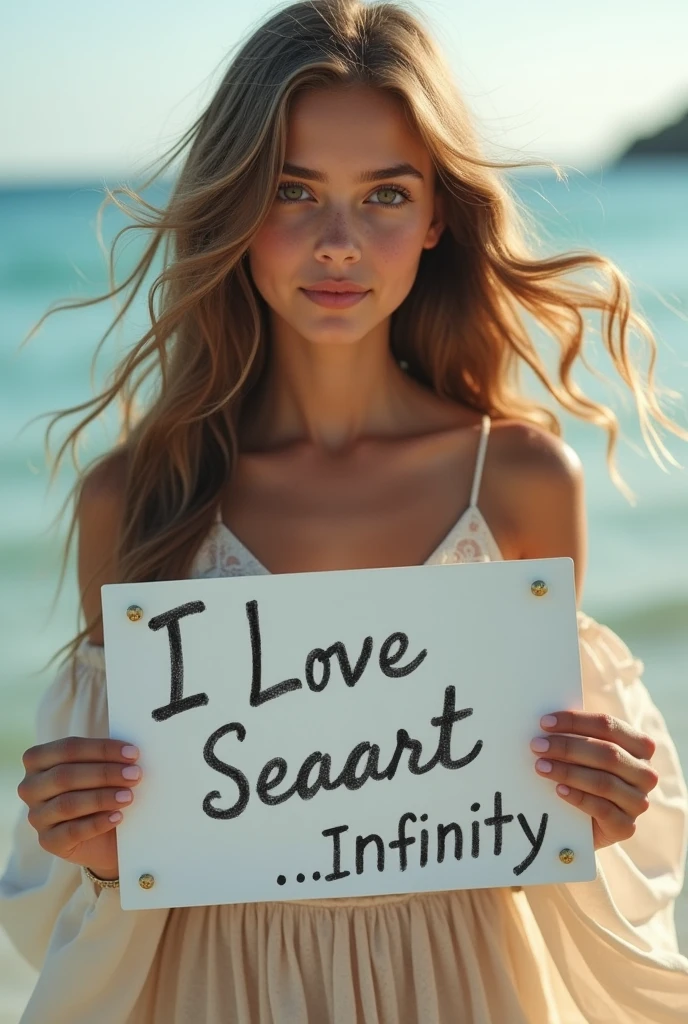 Beautiful girl with wavy long hair, bohemian dress, holding a white board with text "I Love Seaart Infinity" and showing it to the viewer