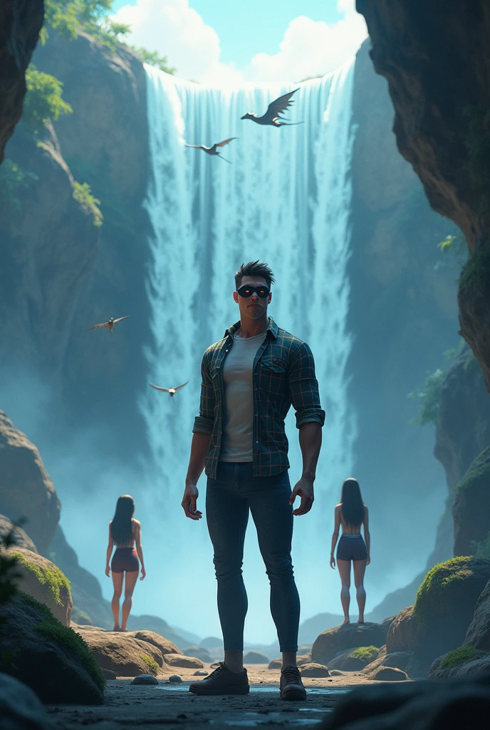 A handsome 22 year-old man wearing a mask having sports build wearing a checked shirt standing with wolf looking towards water fall. he is in a cave with a big waterfall as an entrance to the parallel universe. There are two girls standing and small elf and dragons flying in sky in background. 3d animated image.