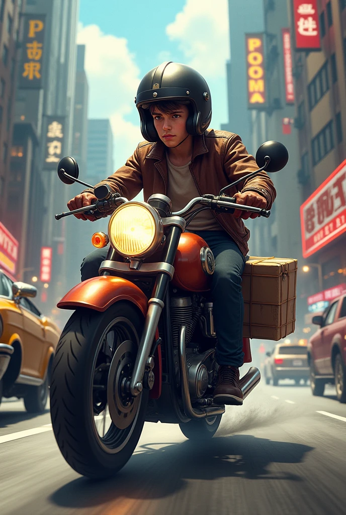 (high-quality CG artwork),best lighting and shading, a postal delivery driver person in the bike, wearing a warm jacket and a bag, a windy atmosphere, raindrops on the jacket, a busy street scene in the background, a sense of urgency and purpose in their expression.