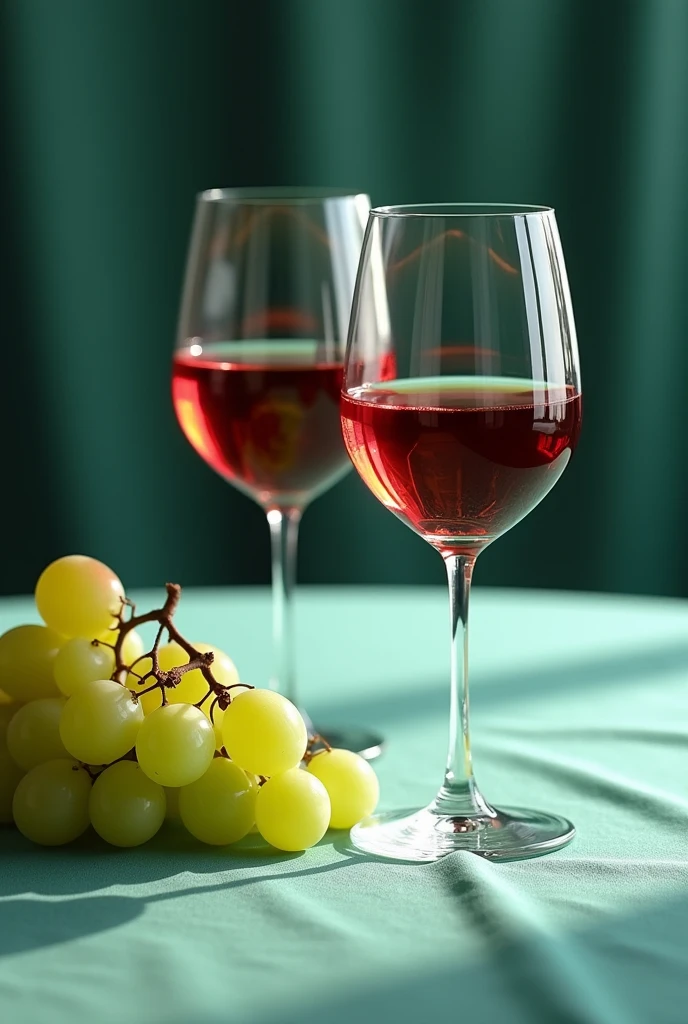 A side angle view of two ruby-red wine glasses, their stems elongated and elegant, half-filled with a crisp, yellow-green wine. They stand on a sea green table with a subtle, wave-like texture reminiscent of brushed silk. To the left, a opulent bunch of green grapes cascades over the edge of the table, some still attached to brown vine tendrils. The background is softly out of focus, hinting at a high-end restaurant or wine cellar setting. The image is captured in razor-sharp 4K resolution, with studio lighting that accentuates the curves of the glasses and the glossy skin of the grapes, creating an atmosphere of refined luxury.