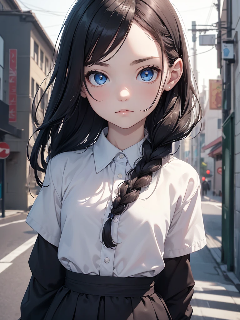 (8K, Best Quality, Masterpiece, Ultra High Resolution) Single Person, 1 Girl, Child, Young, Cute Eyes, Face Details, Pale Skin, Slender, Short, Flat Chest, Dark Black Hair, Long Hair, Braided Hair, Blue Eyes, School Outfit, Standing Outside, Best Quality, Upper Body, Looking at the Viewer, Facing Viewer, Close Up