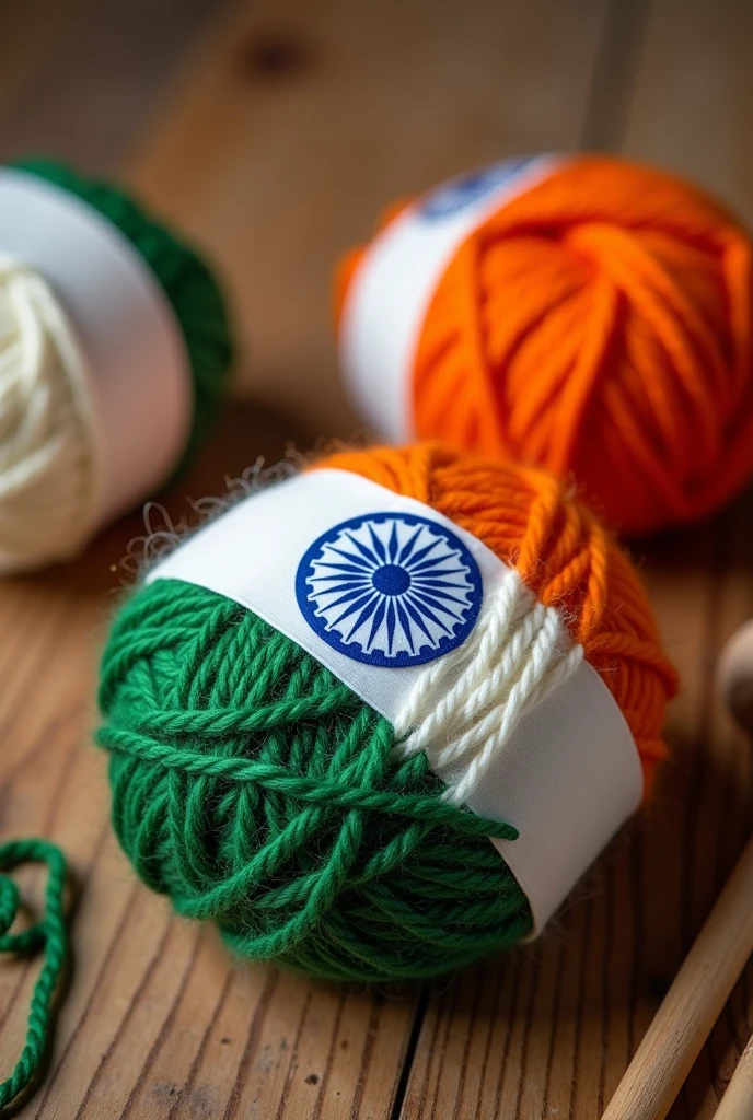 Three multicolored balls of wool in the shape of a indian flag : green, white , orenge. In white color add a ashoka chakra in blue color, White on a wooden table close-up and knitting needles with copy space. Concept: flag of india
