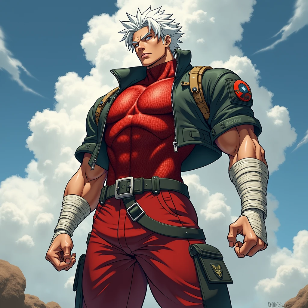 a dynamic illustration of Munashi Kurotani, a young yet physically imposing 15-year-old character standing at 203 cm with a muscular build. He has pure white hair and eyes. Munashi is dressed in a tight-fitting, deep red shirt made from special mesh fabric with a high collar and no sleeves, paired with matching red, slightly loose combat pants. He wears dark-colored ninja sandals. Over his shirt, he dons a rugged combat jacket. His right arm features a bandaged hands, while both legs have hip-pouches with additional bandages wrapped around them. Capture him in a reflective or intense training pose, emphasizing his immense physical strength. The overall mood should convey his formidable presence.