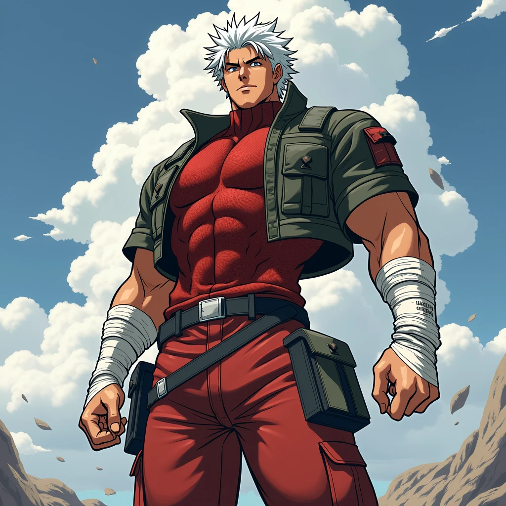 a dynamic illustration of Munashi Kurotani, a young yet physically imposing 15-year-old character standing at 203 cm with a muscular build. He has pure white hair and eyes. Munashi is dressed in a tight-fitting, deep red shirt made from special mesh fabric with a high collar and no sleeves, paired with matching red, slightly loose combat pants. He wears dark-colored ninja sandals. Over his shirt, he dons a rugged combat jacket. His right arm features a bandaged hands, while both legs have hip-pouches with additional bandages wrapped around them. Capture him in a reflective or intense training pose, emphasizing his immense physical strength. The overall mood should convey his formidable presence.