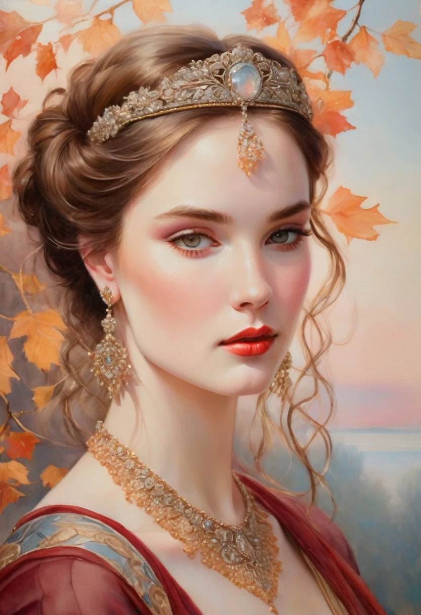 "An art nouveau style painting in soft pastel tones depicts a beautiful woman with pale eyes, detailed eyelashes and meticulously shaped eyebrows. Her face is exquisitely detailed, with a full mouth, almost pale skin accentuated by a soft blush. Her long brown hair highlights cascade gracefully over exposed shoulders, (((perfect body from the knee up))), dynamic pose, catching the golden light of the hour that adds a soft glow. She wears a delicate silver, red stone tiara with matching earrings. and a necklace adorned with dried flowers and leaves are subtly interwoven into her look, highlighting her ethereal presence. capturing the delicate beauty and serene elegance of the moment.