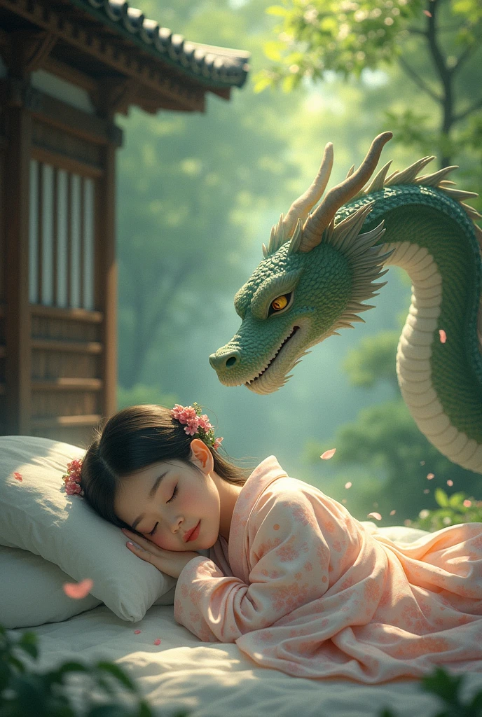 A space fairy child wearing a kimono is smiling and sleeping on her stomach. An oriental domineering dragon and a big tiger are gently guarding her under the pine trees in a wooden Zen temple in the forest.