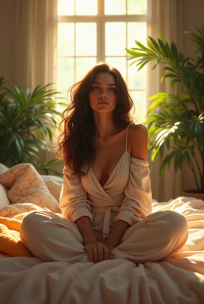 (photorealism:1.2), beautiful woman, sitting on bed, wearing loose off-shoulder top, pajama pants, long curly hair, indoors, soft lighting, plants in background, window with sunlight, cozy room, relaxed pose, realistic, intricate details, warm colors, by Greg Rutkowski, by Alphonse Mucha