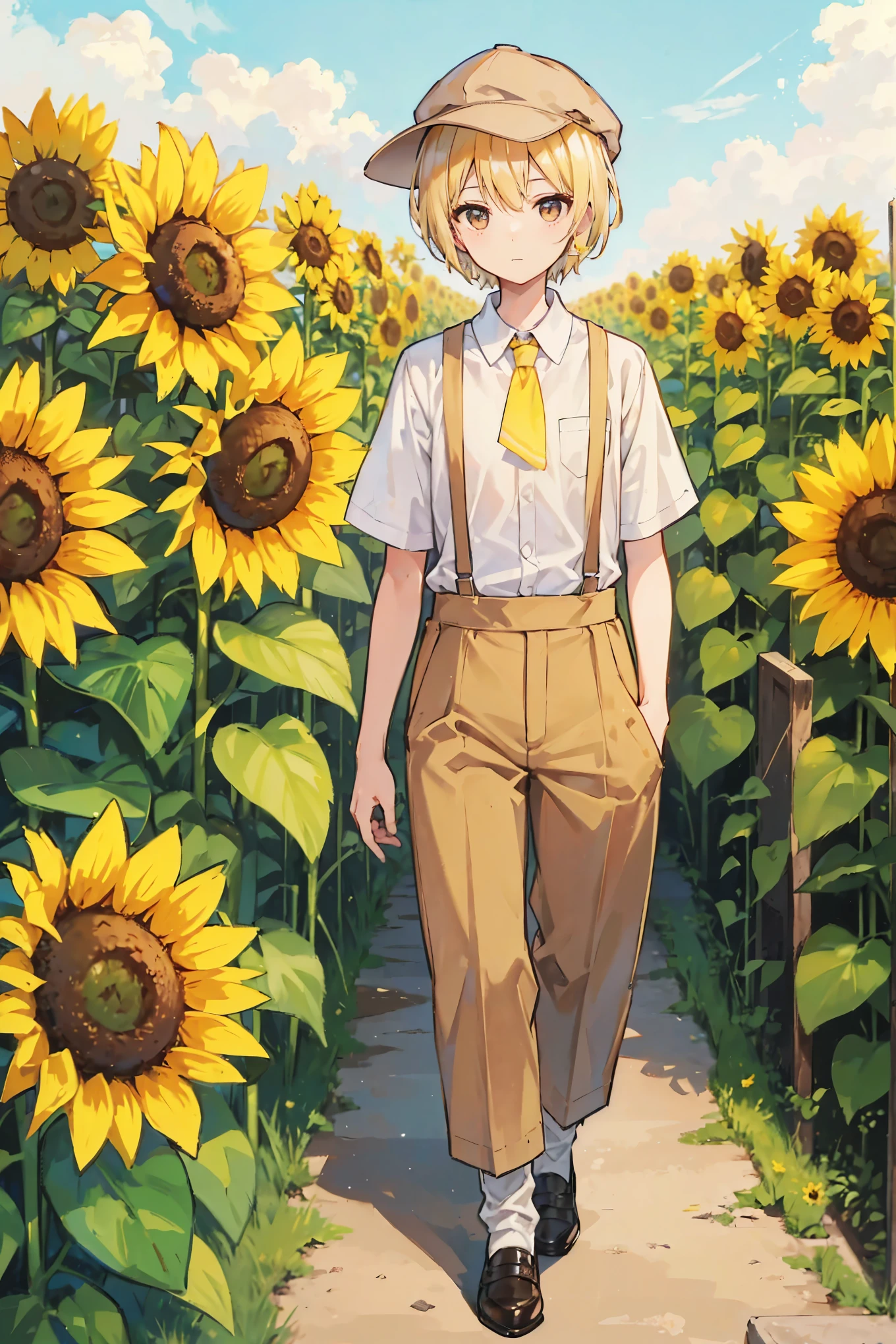 Walk through the sunflower field、With blonde short hair、Wearing a white short-sleeved shirt with brown suspenders and brown long pants.、Wearing a yellow tie、Wearing a brown newsboy cap、youth、