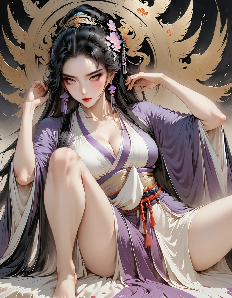 (Masterpiece, best quality:1.2), 1 girl, Hanfu Purple, （Dress conservatively：1.3）, Delicate and beautiful face, mature, evil smile, long black hair, golden eyes, Sit on the throne., Long legs, Slender legs, (Slender legsยาว:1.2), Barefoot, (Ink stains) beautiful figure painting, Clothing ink style, traditional Chinese painting, Bismuth squid, from above, Masterpiece, Highly detailed