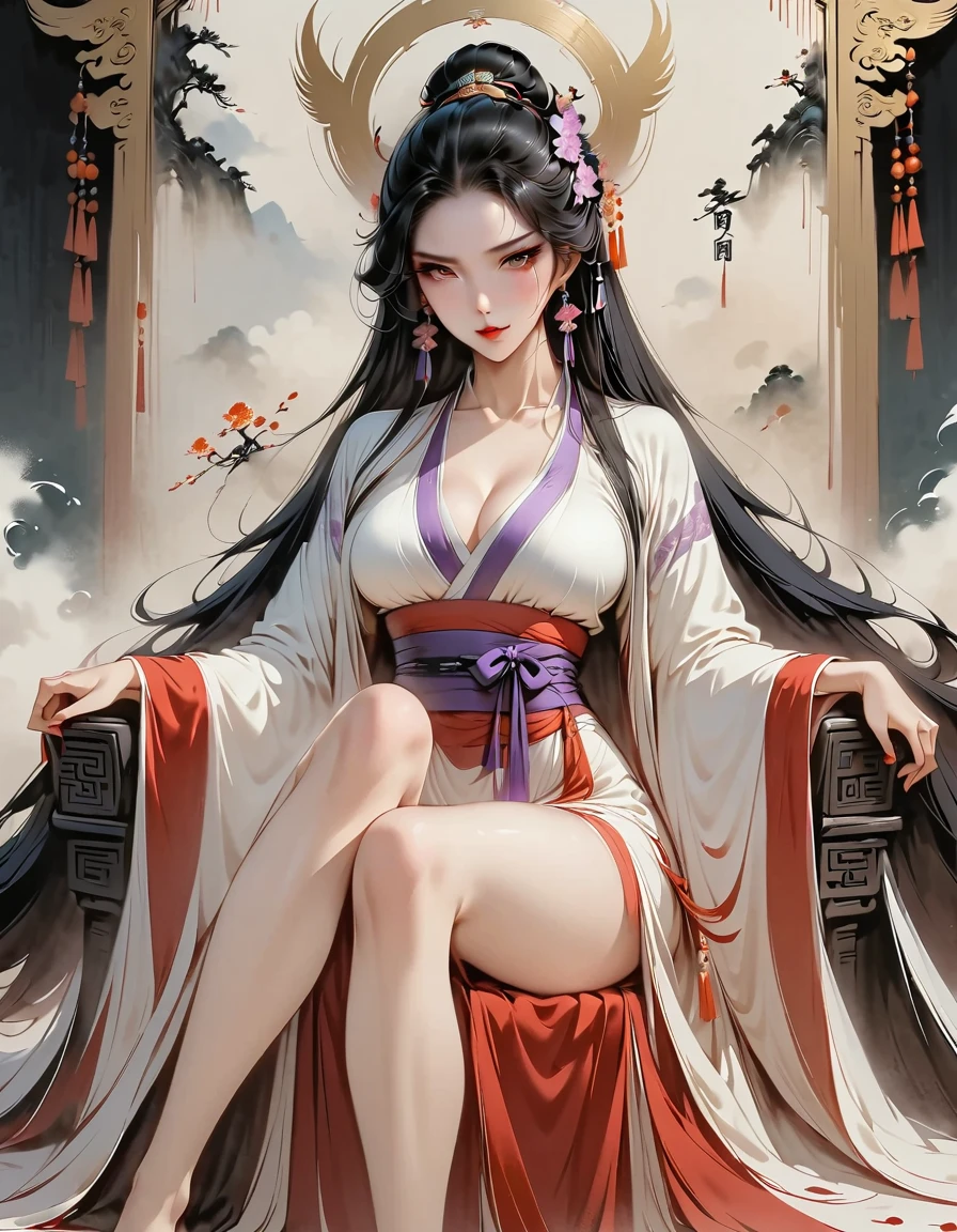 (Masterpiece, best quality:1.2), 1 girl, Hanfu Purple, （Dress conservatively：1.3）, Delicate and beautiful face, mature, evil smile, long black hair, golden eyes, Sit on the throne., Long legs, Slender legs, (Slender legsยาว:1.2), Barefoot, (Ink stains) beautiful figure painting, Clothing ink style, traditional Chinese painting, Bismuth squid, from above, Masterpiece, Highly detailed